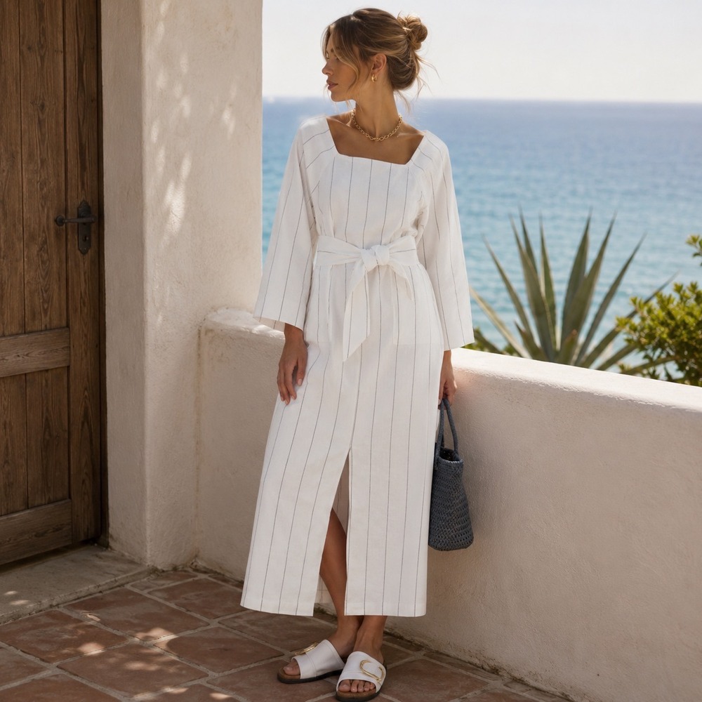 Mara Hoffman Shay Dress Womens S Cream Striped Organic Cotton Linen Midi Belted